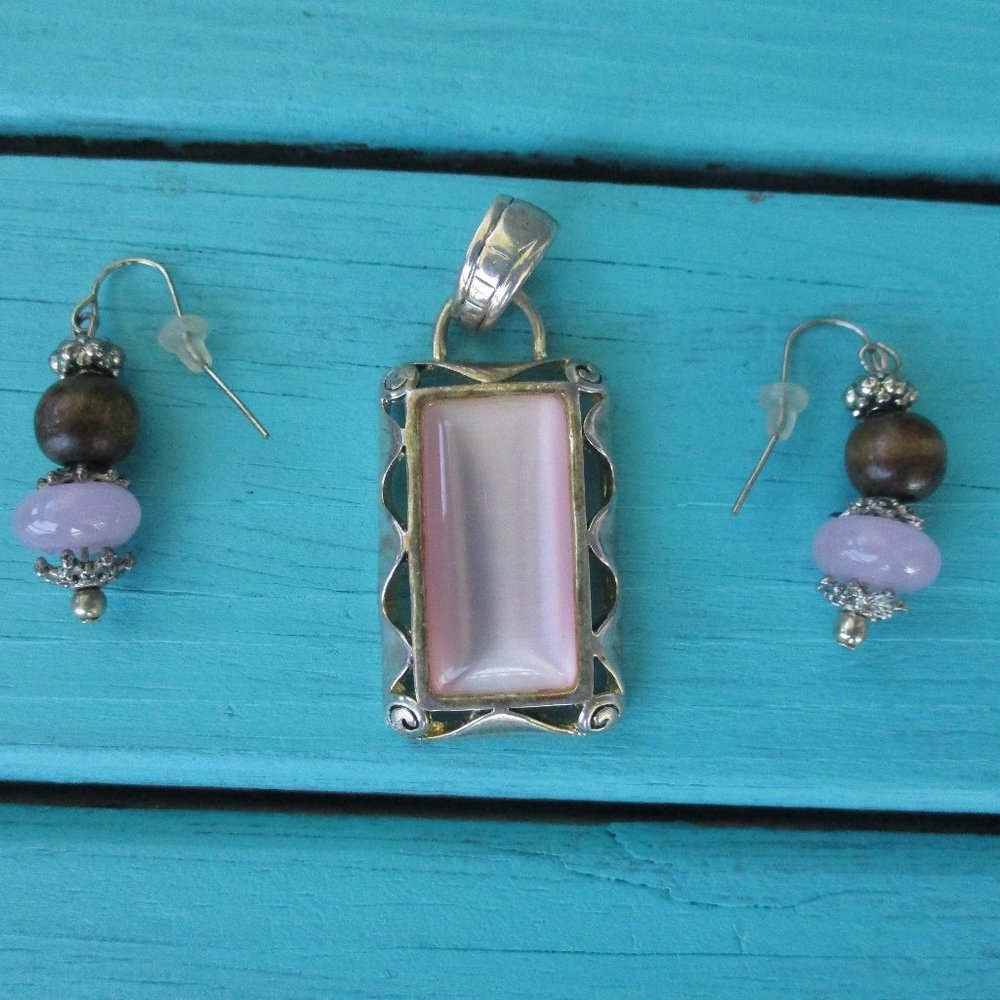 Silvertone Pink Pendant with Matching Earrings